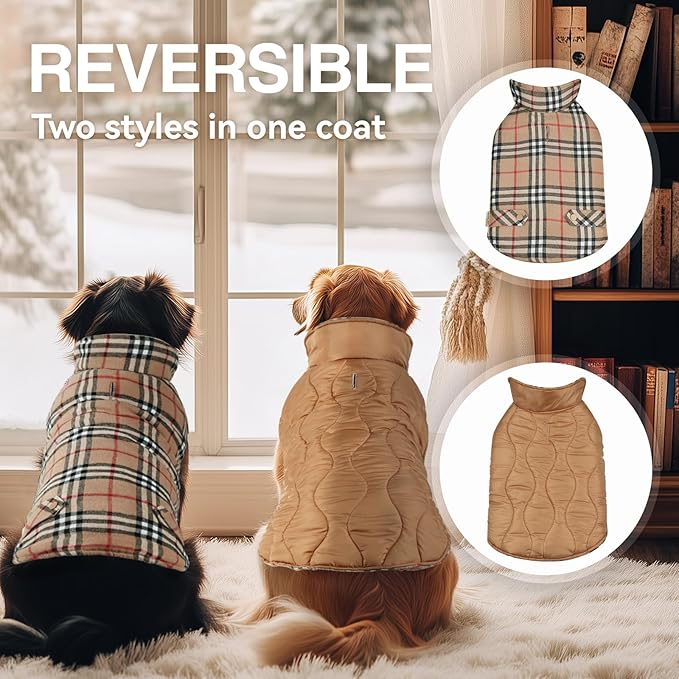 VIVAGLORY Softjoy Dog Coat, Dog Jacket for Winter & Christmas, Coat with Harness Hole & Velcro Closure, Reversible Plaid Checkered Warm Fluffy Heavy Duty for Puppy, XXS, Khaki