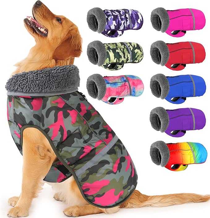 Dogcheer Warm Dog Coat, Waterproof Dog Jacket Reflective Adjustable Puppy Winter Coat with Buckle, Christmas Pet Snow Jacket Turtleneck Fleece Sweater for Small Medium Large Dogs - Camo Pink, L