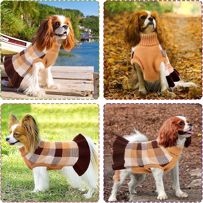 Dog Sweater Dress Plaid Knitwear for Small Medium Dogs Warm Puppy Pet Turtleneck Stretch Pullover Cute Fall Winter Vest Clothes with Leash Hole for Christmas (Coffee, S)