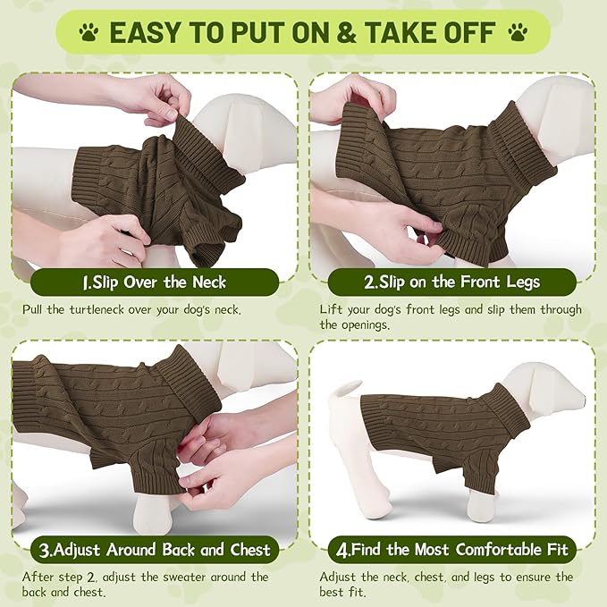 Small Dog Thermal Pullover Sweater, Classic Turtleneck Cable Knitwear Dog Clothes for Cold Weather Warm Pet Clothes for Chihuahua, Bulldog, Dachshund, Pug Tan Medium