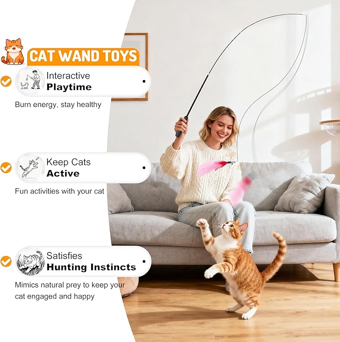 Retractable Cat Teaser Wand, 3 PCS Fishing Pole Cat Toys with 18 Feather Toy Refills, Interactive Cat Toys for Indoor Cats Play & Exercise