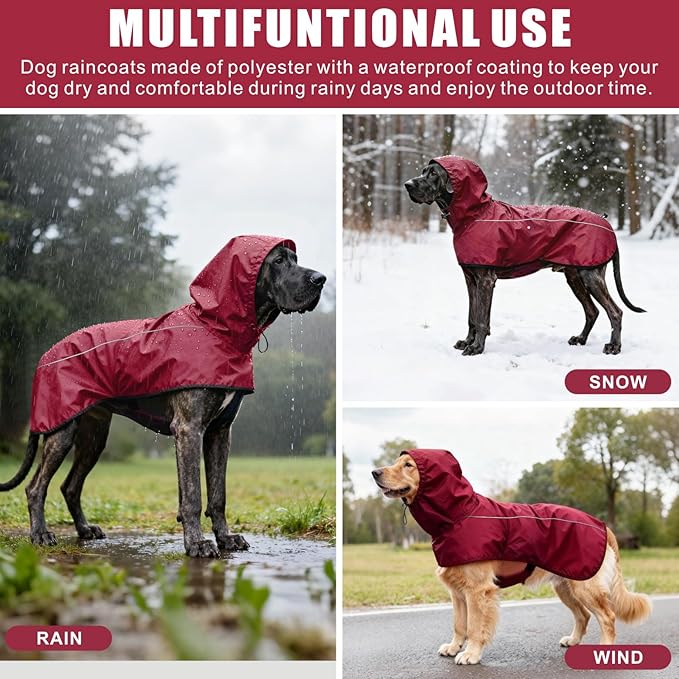 Mosucoirl Dog Raincoat Jacket Reflective Adjustable Hooded Pet Poncho Rain Coats with Leash Hole Waterproof Clothes for Small Medium Large Dogs (Red, XXL)