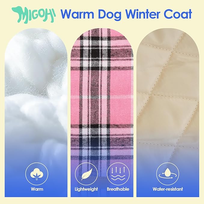MIGOHI Reversible Dog Coat, Windproof & Waterproof Jacket for Cold Weather, British Style Plaid, Warm Vest with Harness Hole, Pink, 2XL