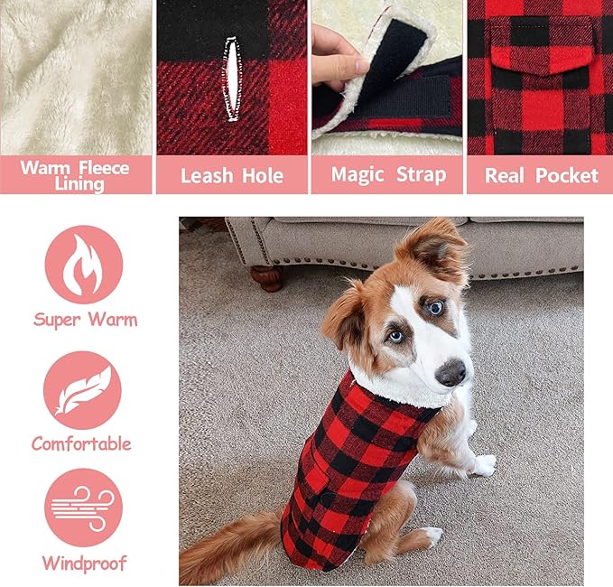 Malier Winter Coat for Dogs - Classic Plaid Fleece Cold Weather Jacket With Pocket, Windproof Warm Vest Clothes for Small Medium Large Dogs (Red, Medium)