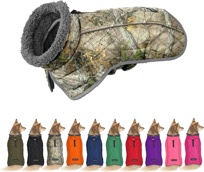 Fragralley Dog Coat Large, Waterproof Dog Jacket with Warm Fleece Lining, Adjustable Reflective Dogs Winter Coat, Turtleneck Pet Coats for Cold Weather (Reed Camouflage L)