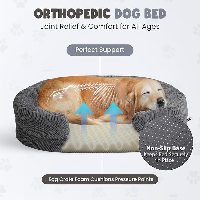 Orthopedic Dog Bed for Large Dogs, Egg Crate Memory Foam Fur Sofa with Comfortable Sides, Soft and Big Dog Couch Bed with Washable Removable Cover and Non-Slip Oval Bottom, 43" Grey