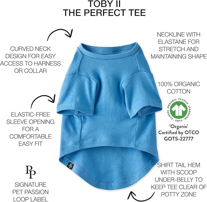 Toby II - The Perfect Tee, 8 Pack Short Sleeve Pet T-Shirt 100% Organic Cotton Tees Clothes for Small, Medium, Large Dogs, Rainbow Blue, XX-Large