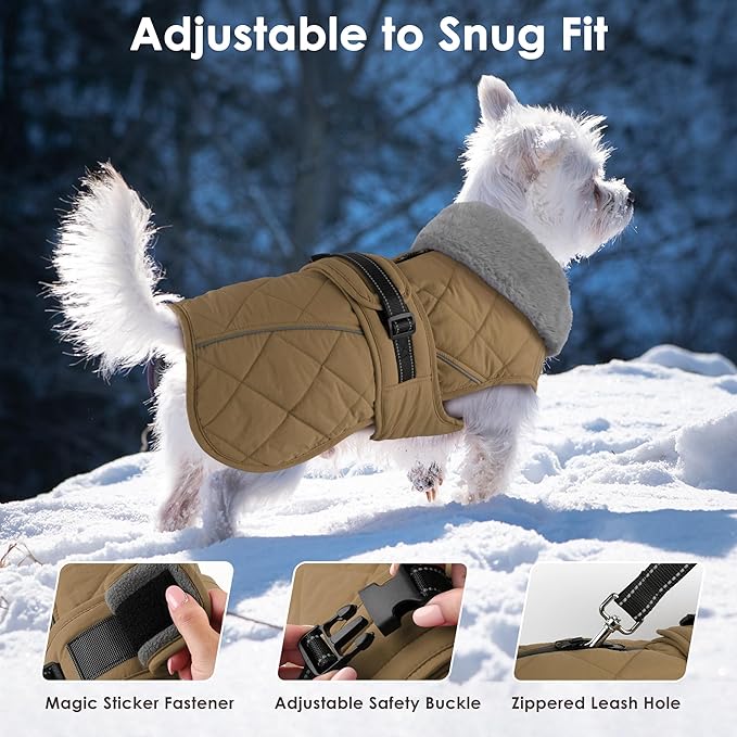 Dog Coat, Waterproof Dog Winter Jacket with Adjustable Buckle, Reflective Turtleneck Pet Snow Vest Warm Fleece Sweater for Small Medium Large Dogs - Khaki, 3XL