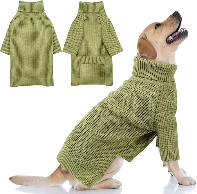 Queenmore Large Dog Sweater, Turtleneck Dog Sweater with Check Pattern, Fall Winter Warm Dogs Sweater for Large Breeds, Solid Pull-on Pet Sweater for Cats, Green XXL