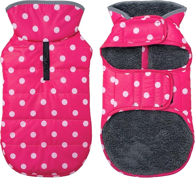 Dog Winter Coat, Waterproof Dog Jacket with Leash Hole, Reflective Adjustable Pet Snow Vest, Warm Fleece Sweater for Small Medium Large Dogs - Pink Polka Dot, XS