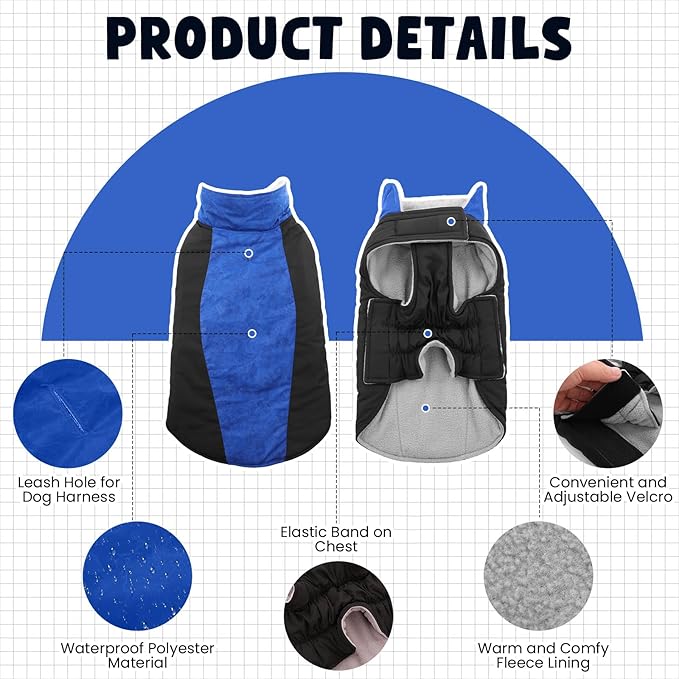 Warm Dog Coat,Waterproof Jacket in Winter Adjustable and Reversible Doggy Fleece Outfit,Thick Clothes with Foldable Collar for Puppy in Cold Days,2XL RoyalBlue