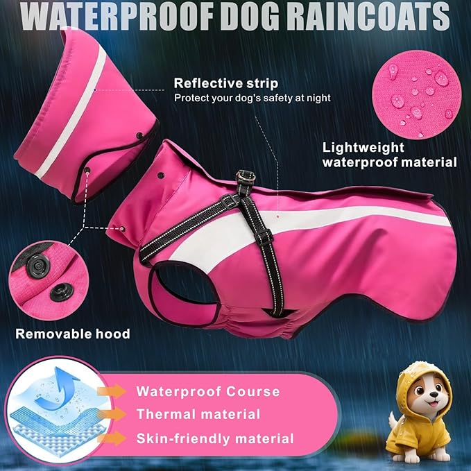 Mosucoirl Dog Raincoat Waterproof Raincoats for Dog Reflective Dogs Rain Jackets with Hood Hoodie Pet Rain Poncho Coat for Small Medium Large Dogs Puppies S-XXL (Pink, XXL)