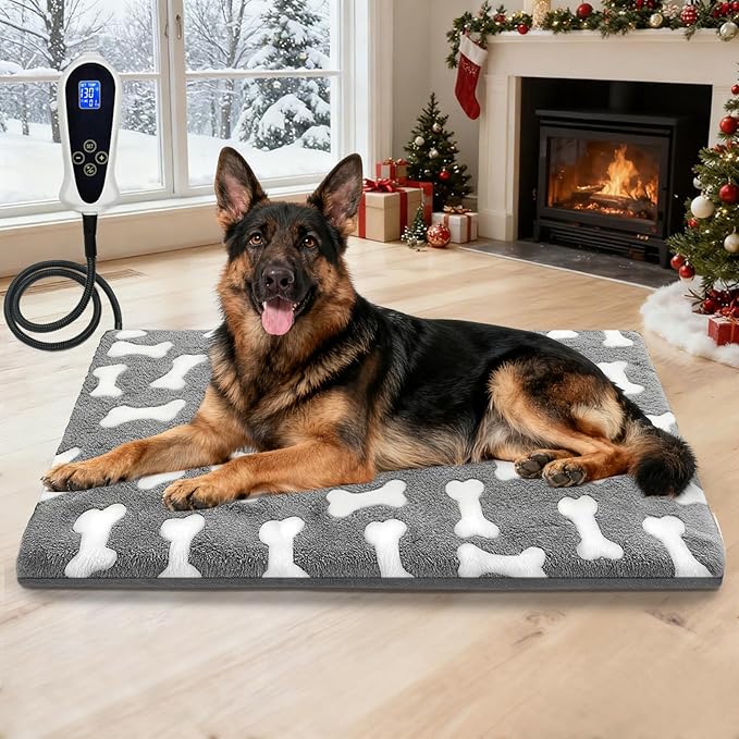 Bestio Large Dog Heating Pad 34×21 in Heated Dog Cat Bed with Upgraded Smart Switch,Added Constant On Function，UL&MET Dual Certification with Washable Cover-Gray