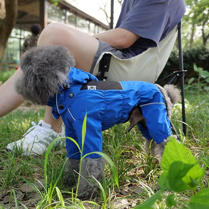 LOVELONGLONG Waterproof Dog Raincoat with Removable Hood – Outdoor Full Body Dog Jacket, Windproof Snowproof Shell Suit – All Season Pet Rain Gear Blue M