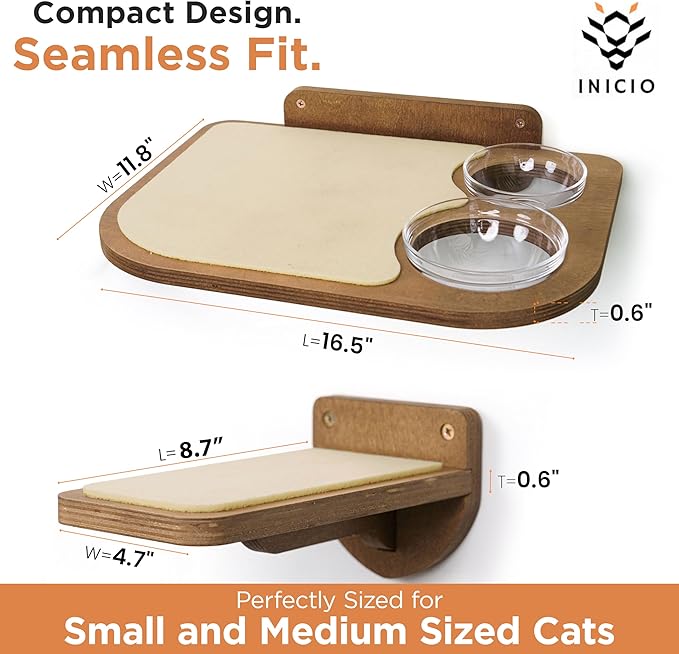 INICIO Cat Wall Shelves – Dog Proof Feeding Station with Wall Mounted Shelves, Durable 3 Step Birch Floating Shelf for Cats Up to 15lbs, Includes Attached Cat Food Bowl for Convenient Feeding – Brown