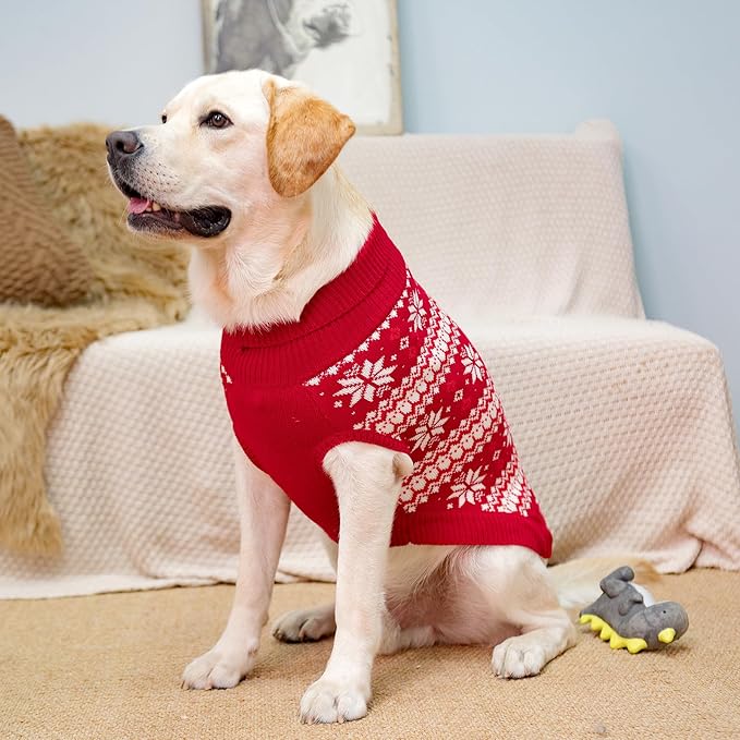 KOOLTAIL Cable Knit Dog Sweater Turtleneck, Cold Weather Pullover Classic Knitwear, Snowflake Pattern Thick Warm Winter Pet Clothes, Dog Christmas Sweater for Small Medium Large Dogs, Red L