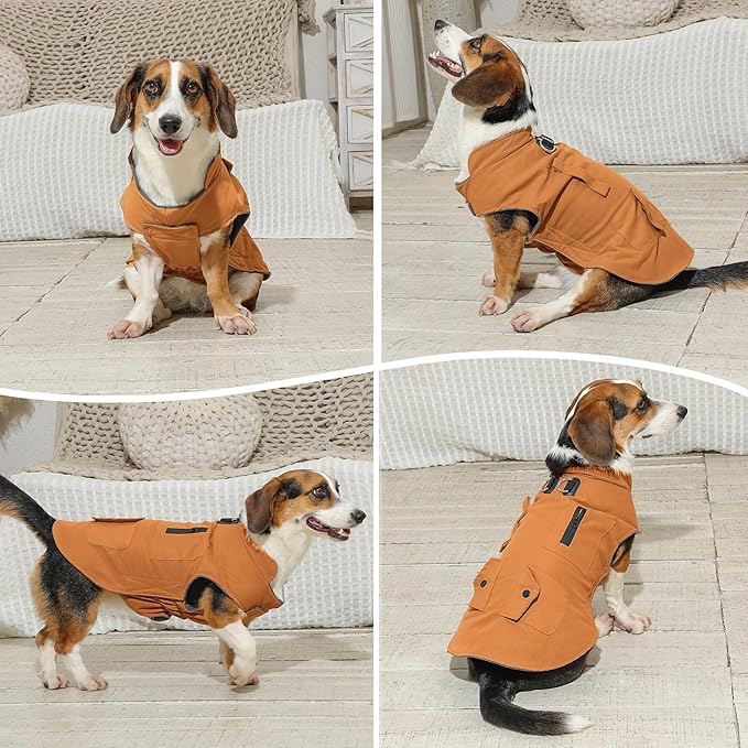 Workwear Style Dog Coats with Harness Built in for Small Dogs Windproof Warm Puppy Jacket with Storage Pockets for Cold Winter,BrightBeige XXL
