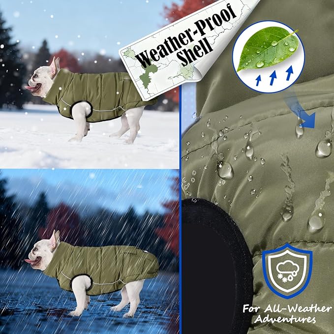 Dog Winter Jacket Waterproof, Reflective Fleece Lined Dog Coats for Small Medium Large Dogs, Warm Snow Coat for Dogs, Insulated Cold Weather Dogs Puffer Jackets with Leash Hole, Olive, L