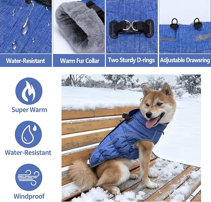 Malier Dog Coat, Reflective Dog Jacket Waterproof Windproof Puppy Cold Weather Coats with Harness Built in, Winter Extra Warm Pet Coat Fleece Vest for Small Large Pets and Puppy (Blue, XX-Large)