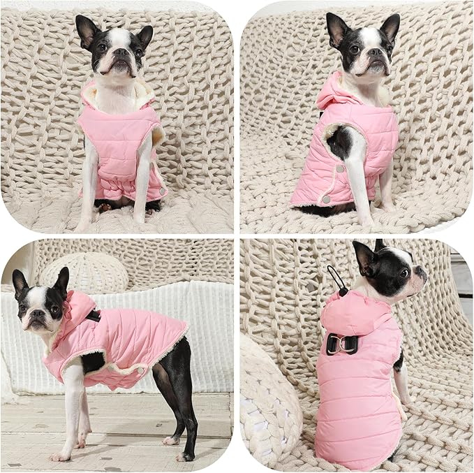 Fleece Lining Dog Hoodie with Harness Built in,Extra Warm Small Dog Jacket in Winter Puppy Coats with Drawstring Hooded,Light Pink XS
