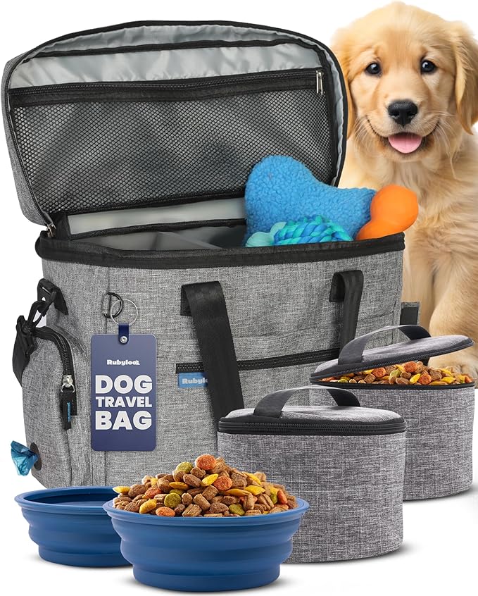 The Original Doggy Bag™ - Complete Dog Travel Bag for Supplies with 2 BPA-Free Travel Dog Bowls & 2 Pet Food Containers - Traveling Kit for Road Trips, Camping, Weekend Away or Doggy Gift - Grey