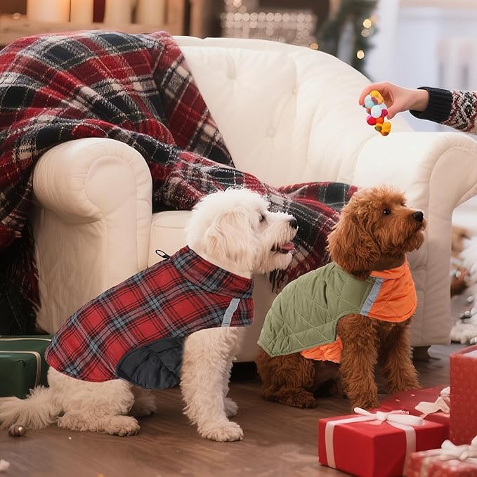Quilted Dog Winter Coat, Plaid Lined Reversible Vest, Reflective Safety Strip, Cold Weather Pet Apparel Red XXS