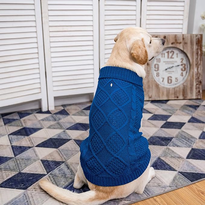Mihachi Turtleneck Dog Sweater - Winter Coat Apparel Classic Cable Knit Clothes with Leash Hole for Cold Weather, Ideal Gift for Pet in New Year Royal Blue Medium