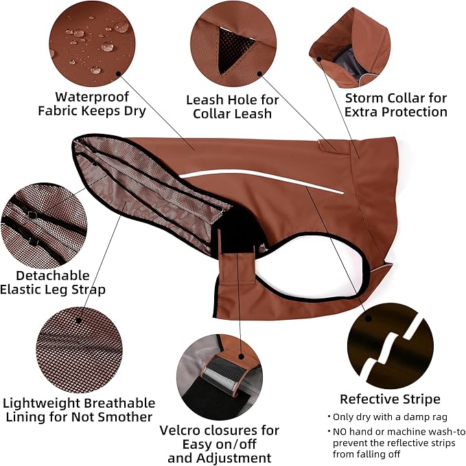 Mile High Life Dog Raincoat, Adjustable Waterproof Reflective Rain Jacket for Small Medium Large Dogs, Lightweight Breathable Pet Rain Coat with Leash Hole(Brown,M Chest 26-32")