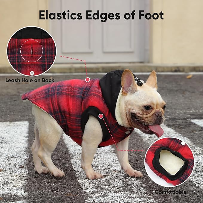 Fleece Lining Dog Hoodie for Large Dogs Extra Warm Plaid Sweater with Drawstring Hooded Coats in Winter Doggie Jacket,Red XXL