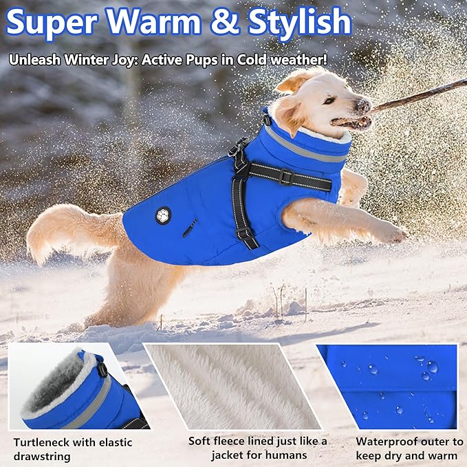 Dogcheer Dog Coat, Waterproof Dog Winter Jacket with Harness, Reflective Adjustable Doggy Cold Weather Coats, Christmas Pet Fleece Snowsuit for Small Medium Large Dogs - Blue, XS