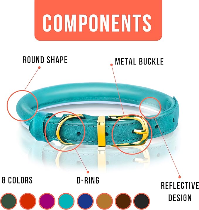 OOPSDOGGY Reflective Rolled Leather Dog Collar Adjustable Soft Padded Pet Collar for Small Medium Large Breed Dogs (Teal, XL, 17"-21")