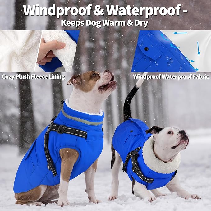 Dogcheer Dog Coat with Harness, Waterproof Warm Dog Winter Jacket with Pockets, Reflective Pet Fleece Jacket Turtleneck Snowsuit for Small Medium Large Dogs - Blue, S
