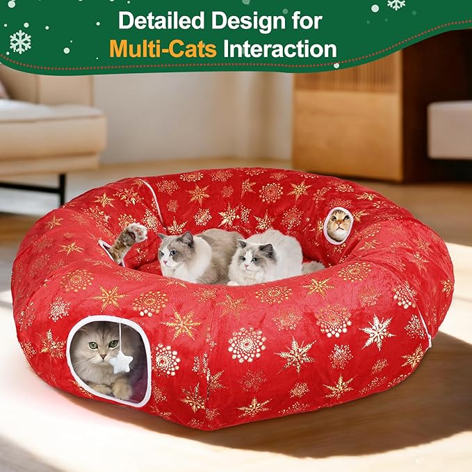 Cat Tunnel Bed for Indoor Cats, XL Christmas Tree Skirts Washable Warm Soft Indoor Cat Donut Tunnel, Multifunctional Cat Interactive Playground Toys for Felines Pet Christmas Tree Decoration