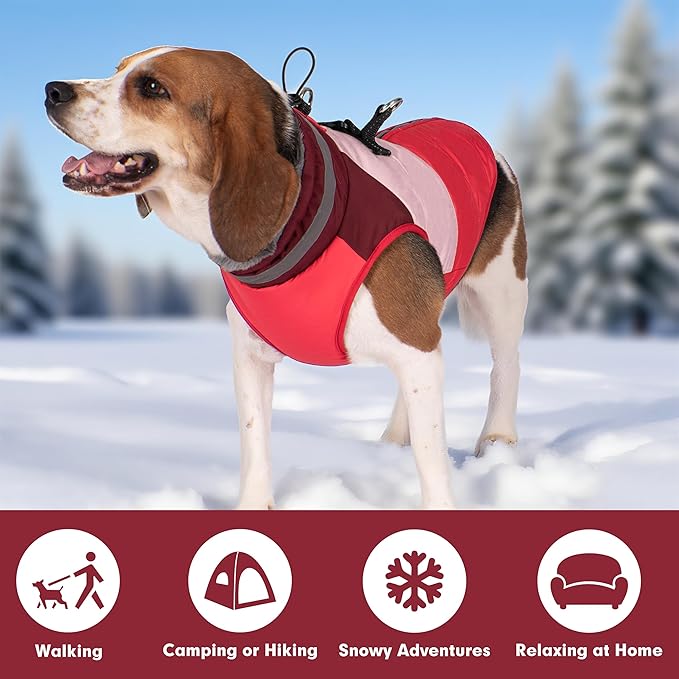 azuza Dog Jacket for Small Dogs Waterproof Dog Coat with Reflective Strips and Harness Built in Warm Fleece Dogs Winter Coat Windproof with Back Zipper, Red L