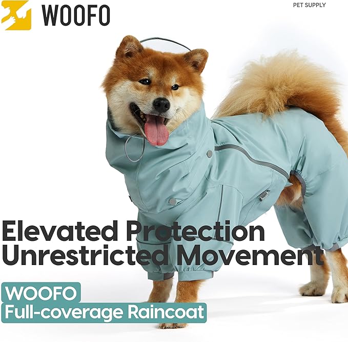 WOOFO Full-Coverage Dog Raincoat, Lightweight, Comfortable, Adjustable & Easy to Wear Dog Rain Jacket, Detachable Cap, Reflective Strip (Mint, Large)