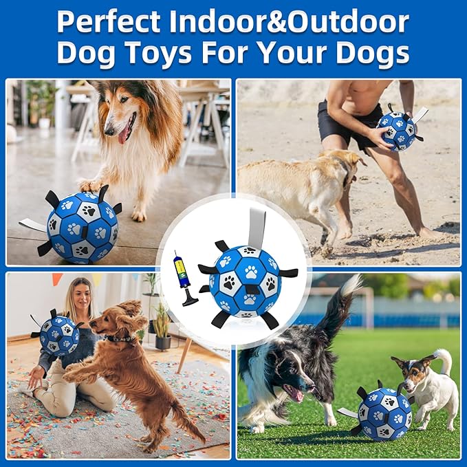 QDAN Dog Ropes Toys, Soccer Ball with Straps, Puppy Birthday Gifts, Durable Balls for Medium Large Dogs-Blue&Grey（8 Inch）
