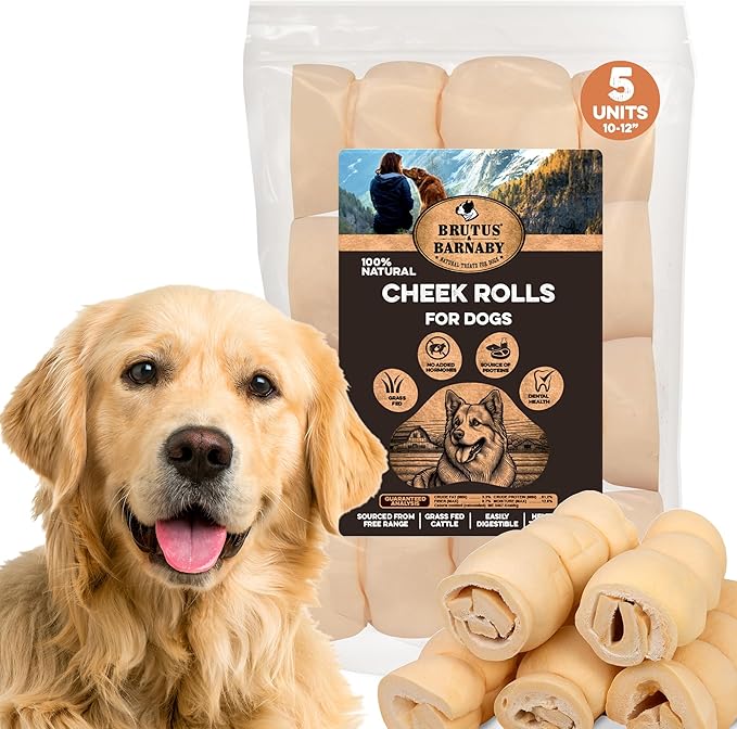 Premium Beef Cheek Rolls for Dogs 10-12" - (5-Pack) Long Lasting, Safe & Natural Rawhide Alternative Chews, Ideal for Large Dogs & Aggressive Chewers, Supports Dental Health & Digestion