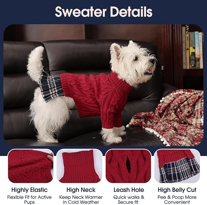 IECOii Girl Dog Sweater Dress - Cable Knit Dog Sweater for Medium Dogs Girl, Red,Large - Turtleneck Winter Sweaters with Leash Hole, Soft & Stretchy Adorable Dress for Thanksgiving Christmas Photo