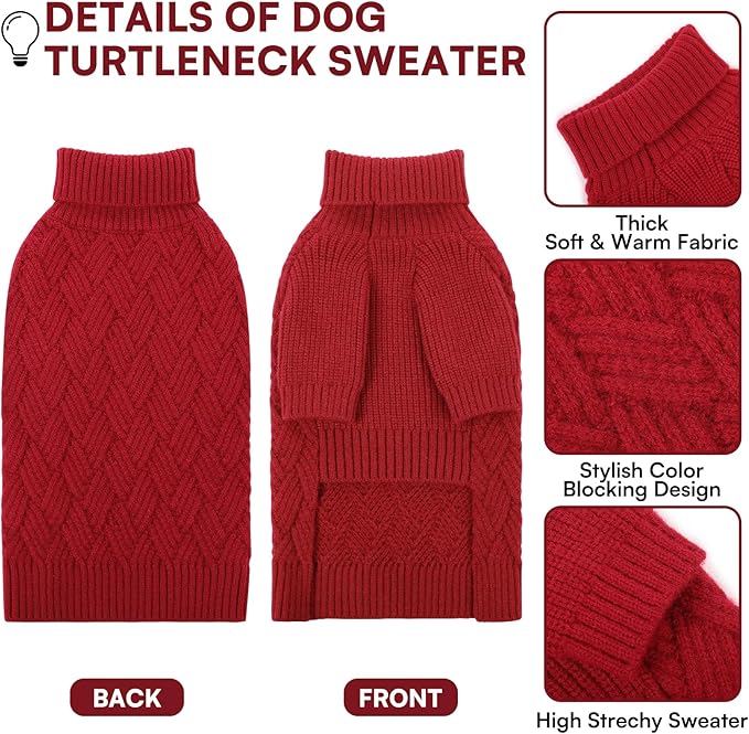 KOESON Large Dog Sweater, Warm Christmas Dog Sweaters for Large Dogs, Cable Knit Sweater for French Bulldog, Pug, Corgi, Boston Terrier, Easy On Xmas Sweaters for Dogs, Red, L