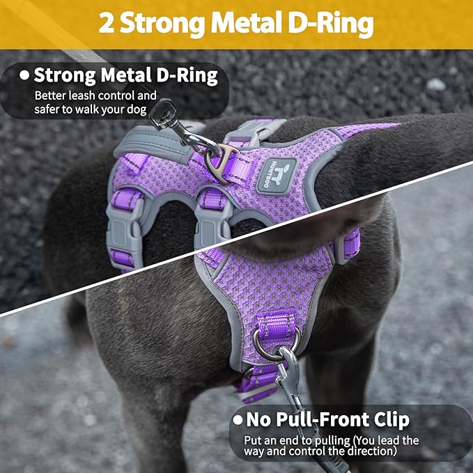 Huntboo Escape Proof Dog Harness, No Pull Reflective Harness with Lift Handle,Adjustable Pet Vest with Front and Back Leash Clips for Small Medium Large Dogs Walking Hiking Training(Lavender Purple,L)