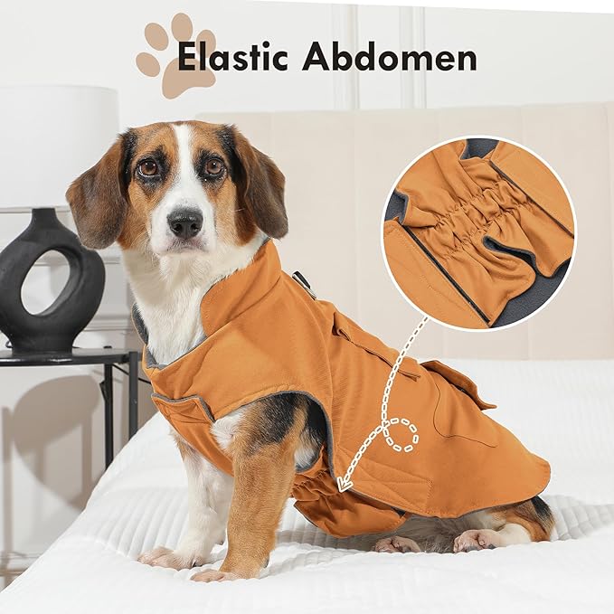 Workwear Style Dog Coats with Harness Built in for Small Dogs Windproof Warm Puppy Jacket with Storage Pockets for Cold Winter,BrightBeige XXXL