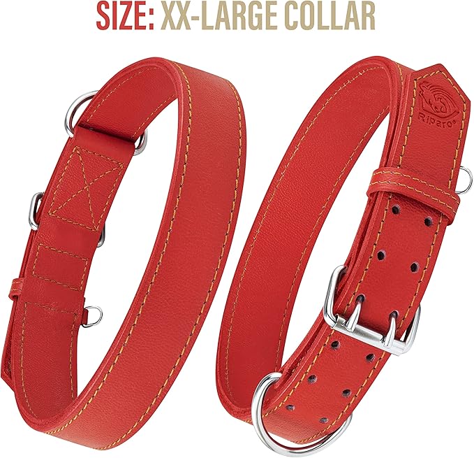 Riparo Dog Collar - Genuine Leather Dog Collars - Heavy Duty Dog Collars for Medium Large and Extra Large Dog Breeds (XL: 1.5” Wide for 22” - 26” Neck, Red)