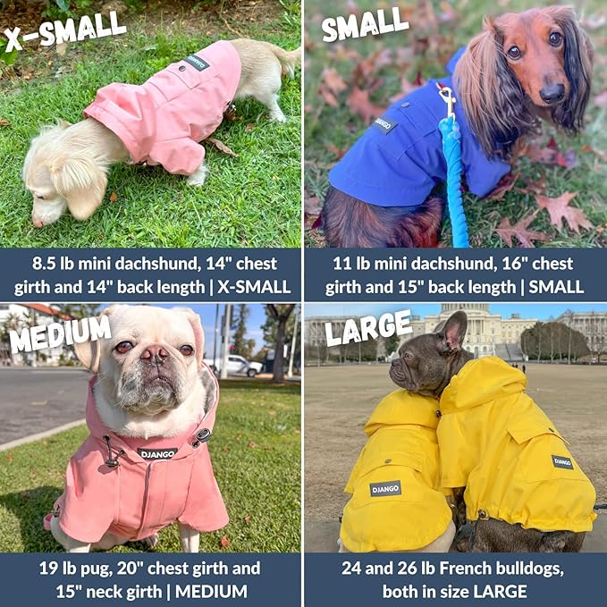 DJANGO Highland Dog Jacket & Raincoat – Water-Repellent, Lined Dog Coat with Hood, Adjustable Fit & Harness Hole – Lightweight Rain & Wind Jacket for Small & Medium Dogs up to 30 lbs (Blue, Small)