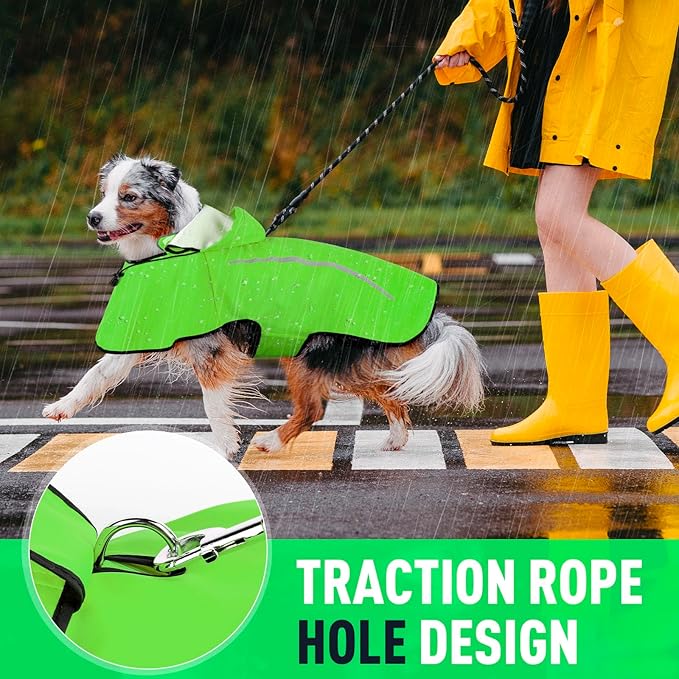 Dog Raincoat with Removable Hoodie, Rain Coats Waterproof Windproof Snowproof, Rain Jacket with Reflective Strip/Adjustable Drawstring/Leash Hole for Dog Walking (Green, Small)