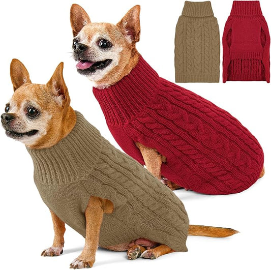 2 Pack Dog Sweaters for Small Dogs Turtleneck Pullover Cable Knit Puppy Stretch Clothes Chihuahua Yorkie Pomeranian Toy Poodle Boy Girl Pets Winter Doggie Clothes (XS, Red & Brown)