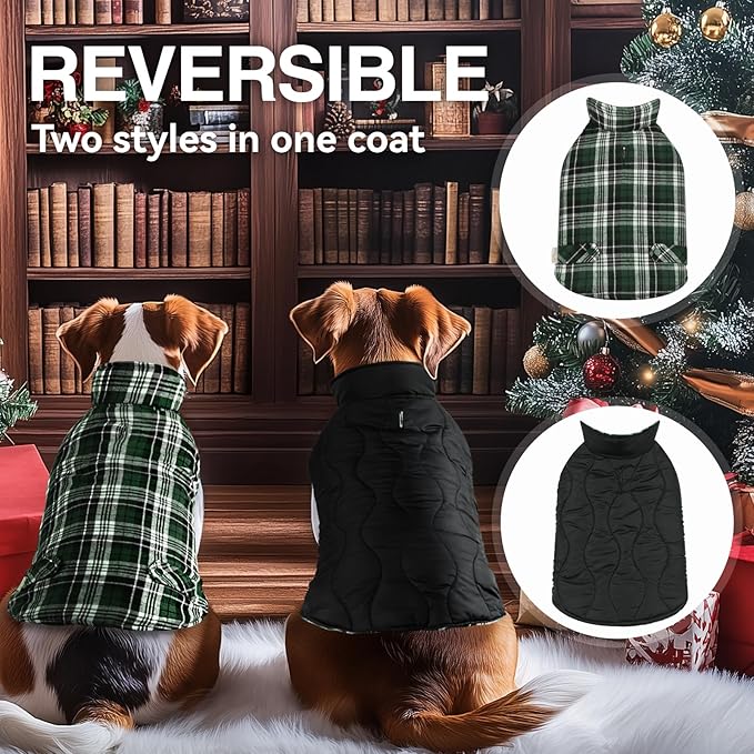 VIVAGLORY Softjoy Dog Coat, Dog Jacket for Winter & Christmas, Coat with Harness Hole & Velcro Closure, Reversible Plaid Checkered Warm Fluffy Heavy Duty for Puppy, XS, Green