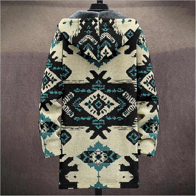 Mens Aztec Print Hoodie Heavyweight Cotton Fleece Jacket Zip Up Warm Long Sleeve Hooded Winter Midi Coat