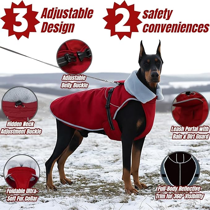 Insulated Relaxed Fit Dog Winter Coat with 360° Reflective Strips, Hard Shell Pet Sonw Jacket for Outdoor, Waterproof Apparel for Extra Large Dogs, Soft Fur Collar Clothes for Great Dane(Wine, 3XL)