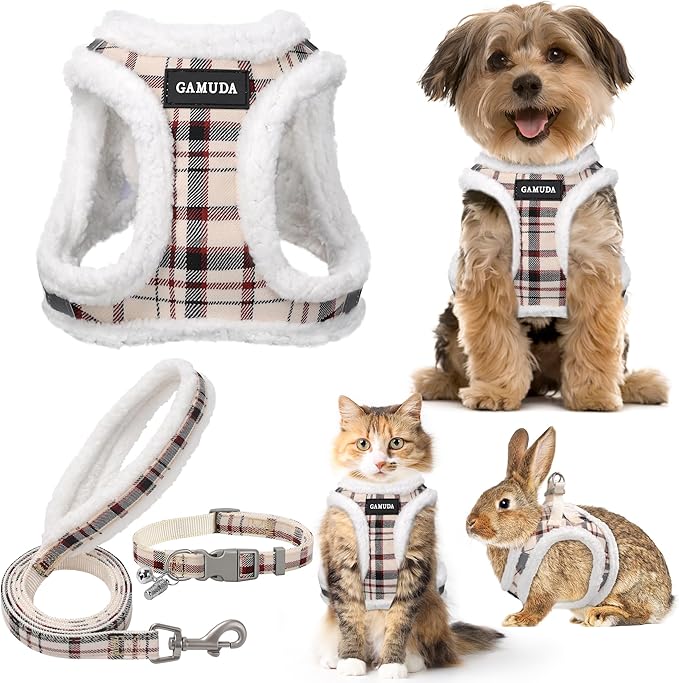 GAMUDA Small Dog Harness Collar and Leash Set, Step in No Chock No Pull Soft Mesh Adjustable Dog Vest Harnesses Plaid Reflective for Dogs Puppy Cats Kitten Rabbit (Warm Beige, L)