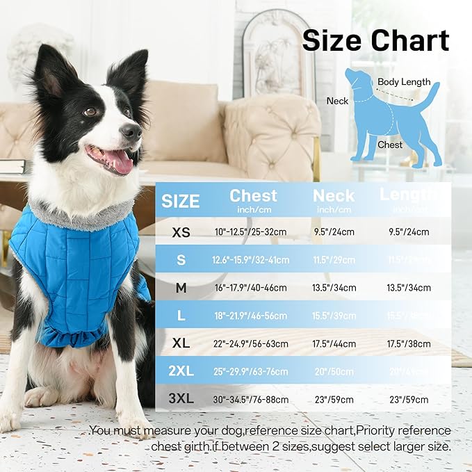 Warm Fleece Dog Coats with Durable Harness Buitl in D-Ring,Waterproof Doggie Jacket for Large Dogs,Dog Vest for Cold Winter,Light Blue XXL